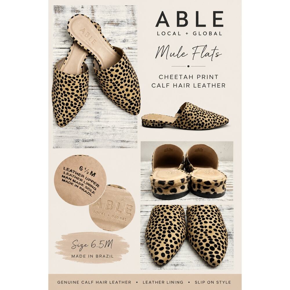 ABLE Local + Global Cheetah Print Calf Hair Leather Mule Flats Women’s 6.5